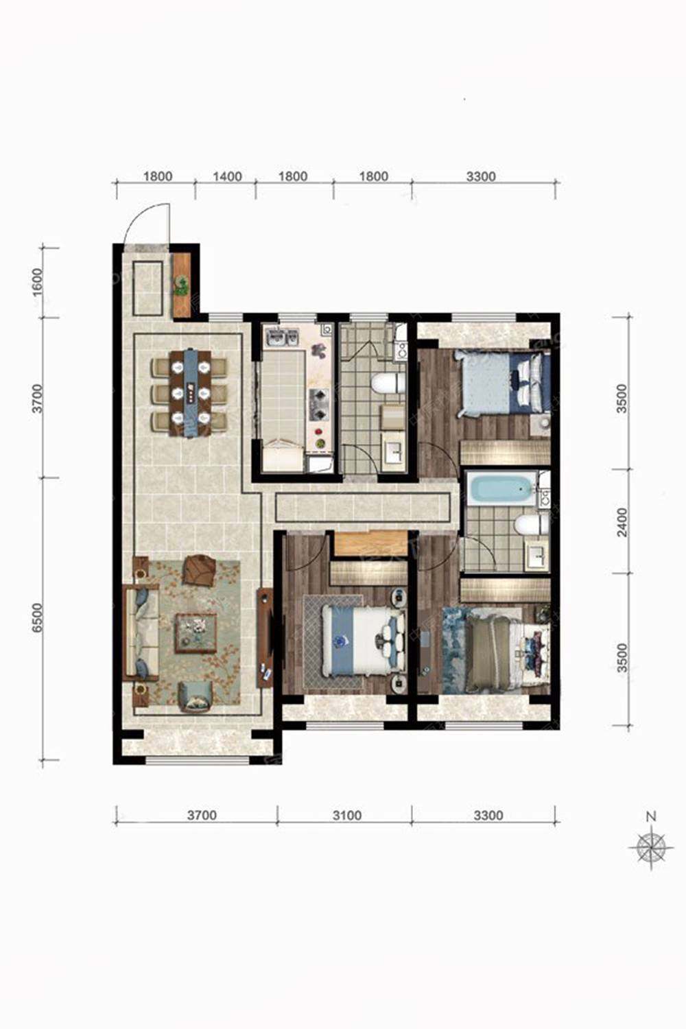新房 中海玺悦 户型图   高层119平户型 查看原图 3室2厅2卫1厨 居