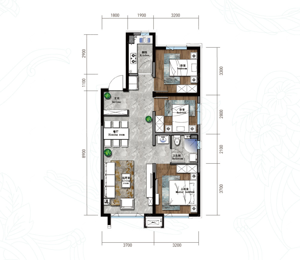 新房 保利海德公园 户型图  高层a1户型 居       室: 3室2厅1卫1厨